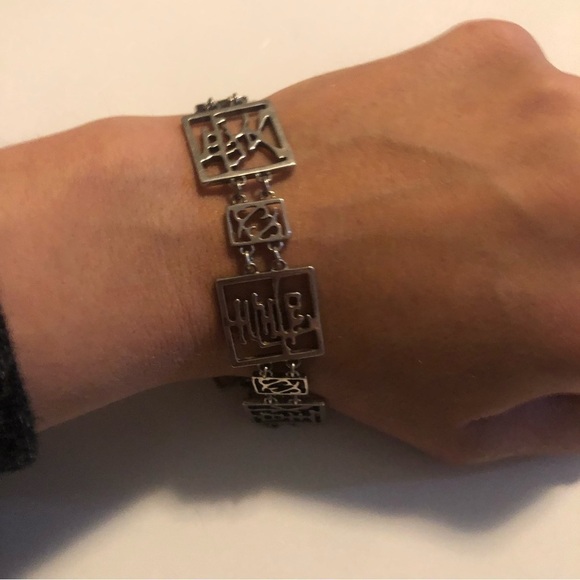 Vtg Sterling Silver Chinese Character Square Link Bracelet Toggle Clasp 8.3”- 9” - Picture 2 of 4